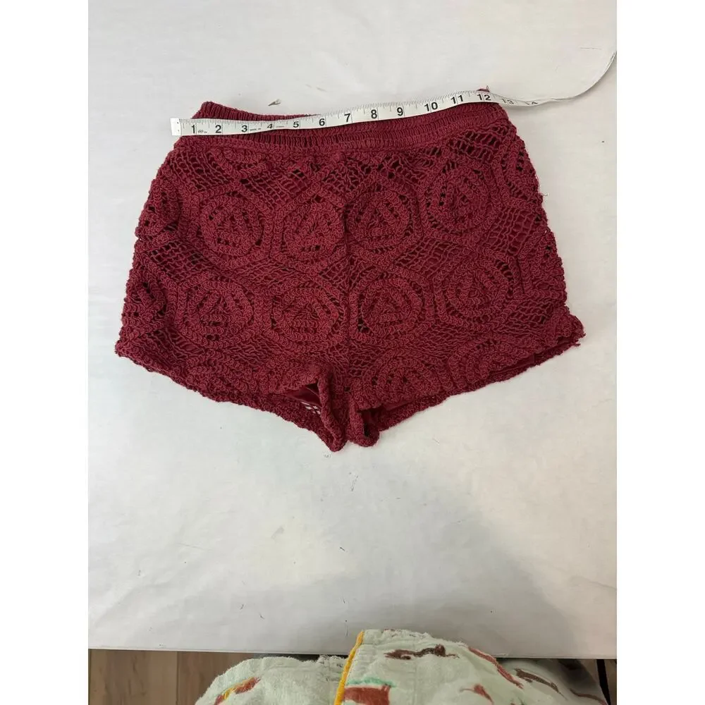 Boho Zara Crochet Shorts Burgundy Red High Waisted Cottagecore Hot Pants Medium